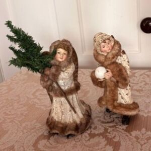 2 ROMAN INC. Angel Christmas Figures with Fur Edged Coats Boy Girl Rustic